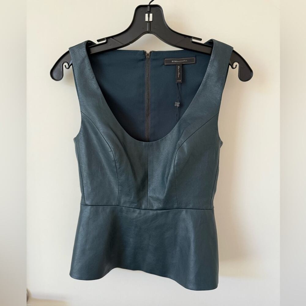 BCBG Cadiana Peplum Top Sz XXS NWOT Vegan Leather Teal